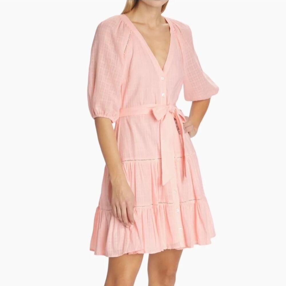 Veronica Beard Dewey Dress Size 0 Pink Haze Tiered Cotton Mini Puff Sleeve Girly